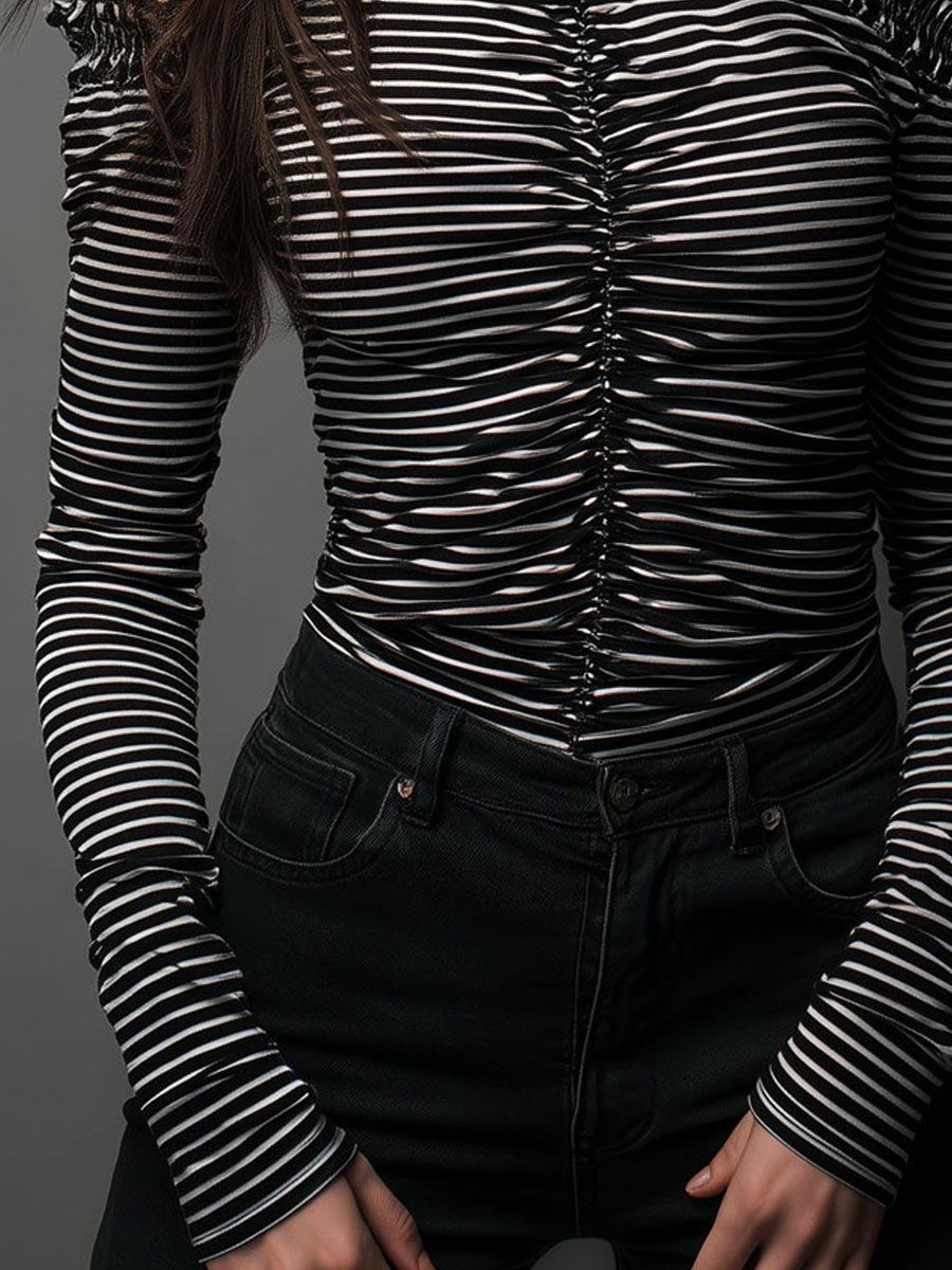 Classic Striped High Neck Top with Open Shoulder Design