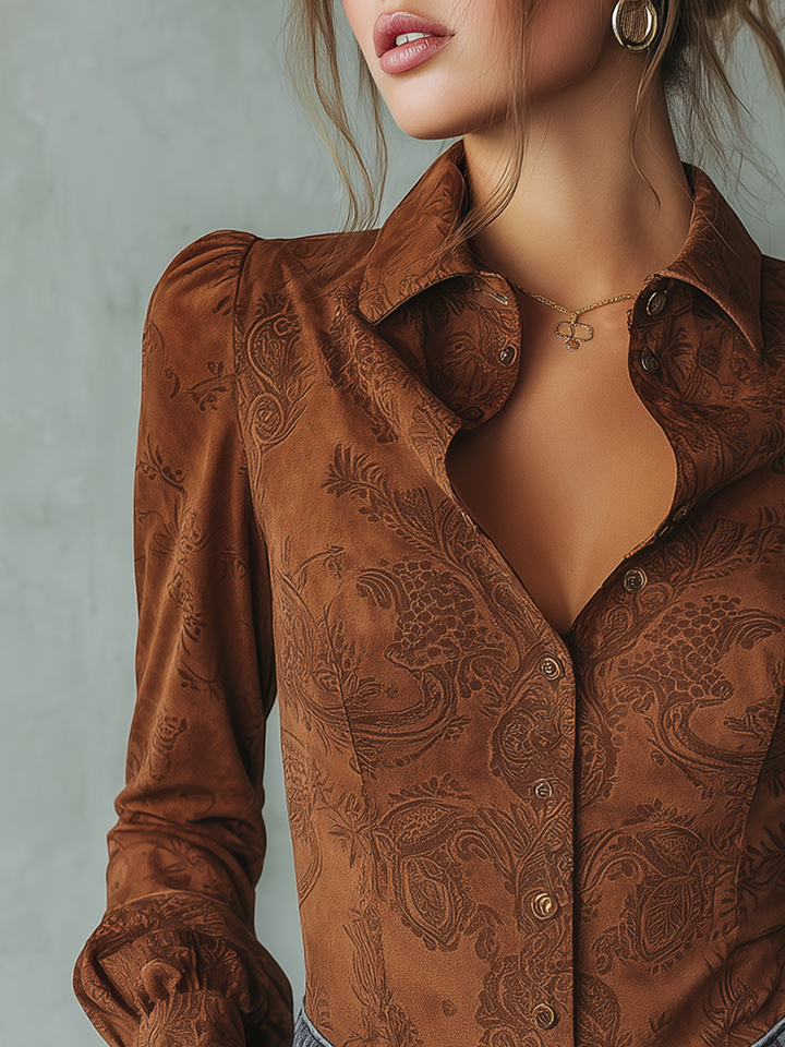 Vintage-Inspired Paisley Sustainable Long Sleeve Suede Blouse