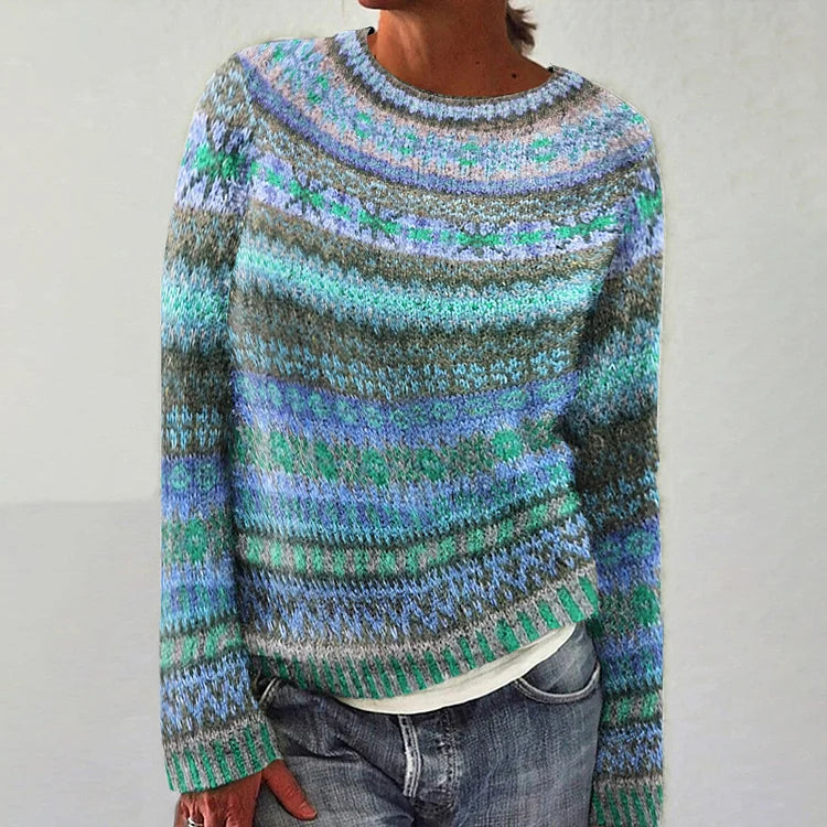 Intricately Patterned Knitted Jumper in Mint and Blue Shades