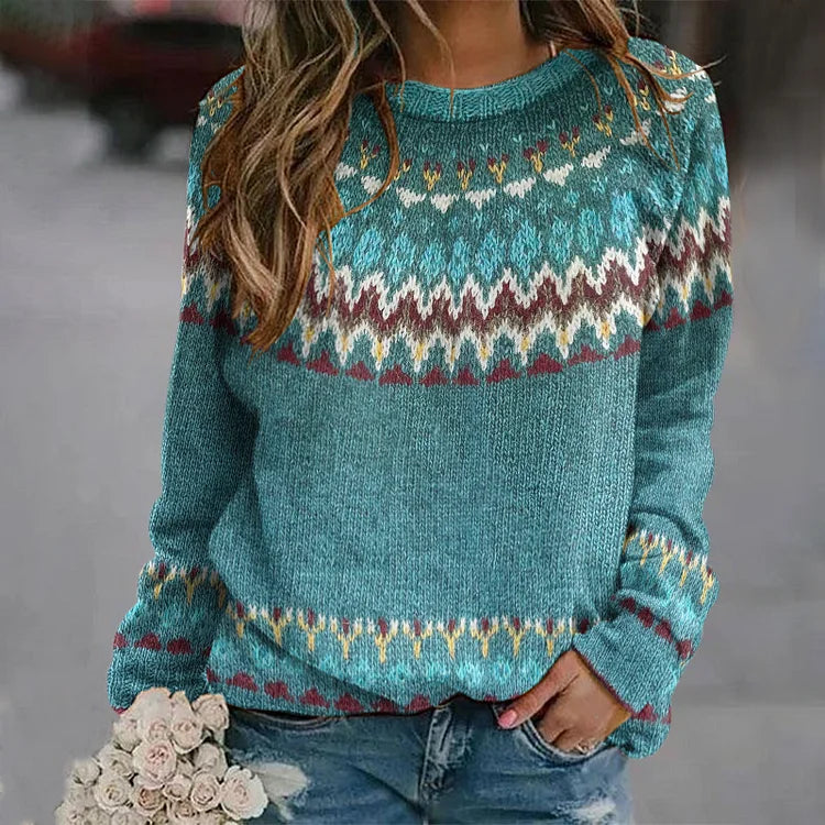 Contrasting Pattern Petrol Blue Knitted Sweater