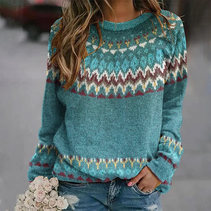 Contrasting Pattern Petrol Blue Knitted Sweater