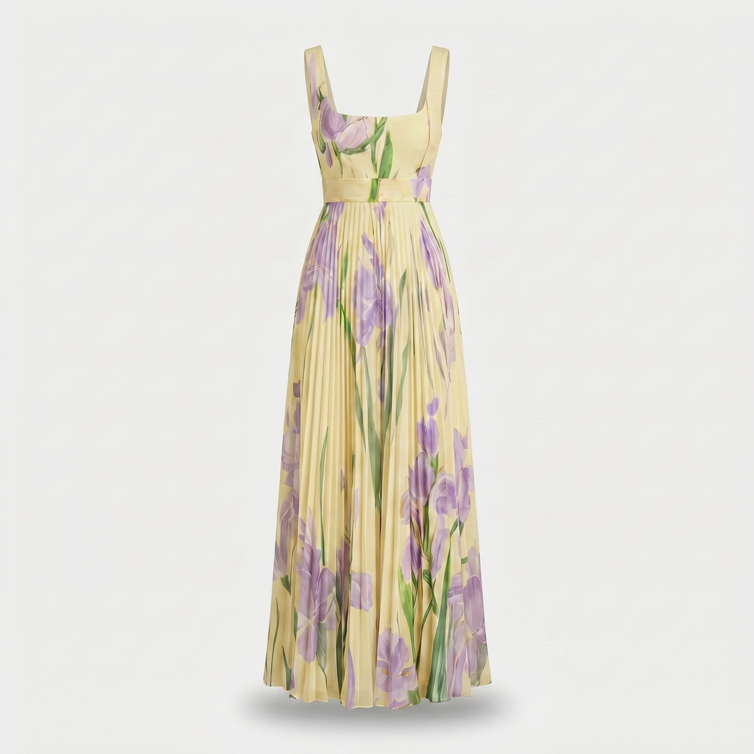 Patrícia | Flowing Maxi Dress with Pleats and Square Neck