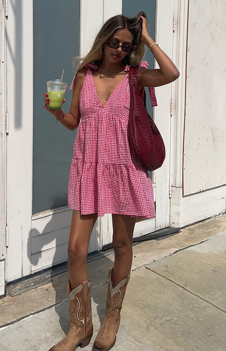 Red Gingham Mini Dress with Straps