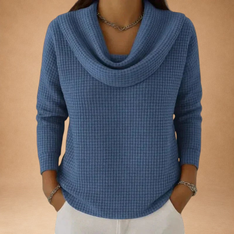 Marina – Warm Knitted Top with Waffle Texture and Elegant Draped Collar