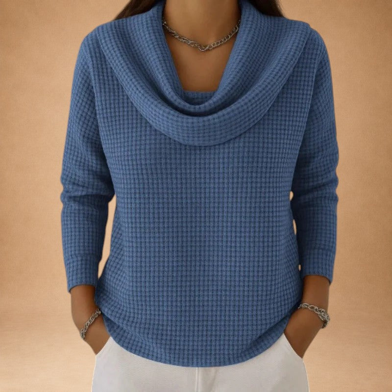 Marina – Warm Knitted Top with Waffle Texture and Elegant Draped Collar