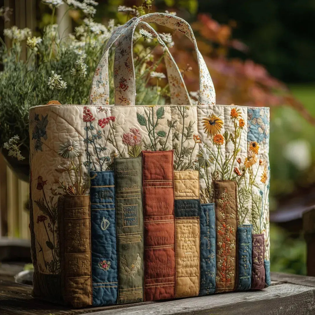 Handmade Bag with Books and Flowers Theme
