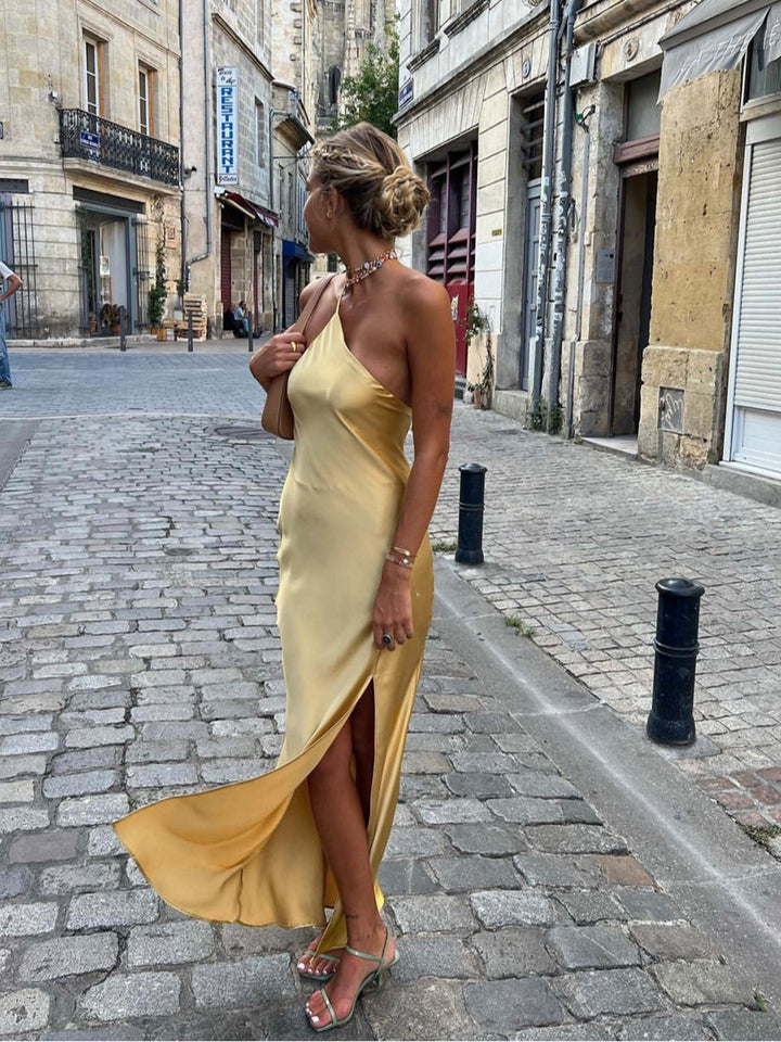 Maxi Satin Dress with One Shoulder and Side Split
