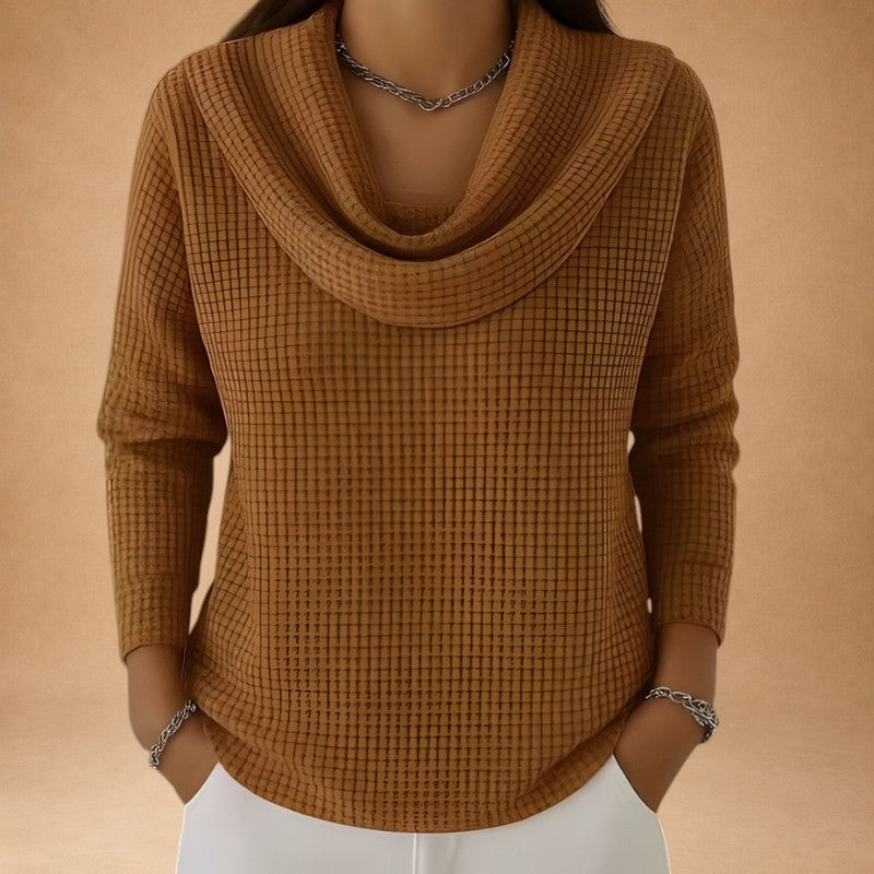 Marina – Warm Knitted Top with Waffle Texture and Elegant Draped Collar