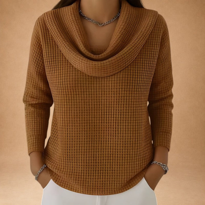 Marina – Warm Knitted Top with Waffle Texture and Elegant Draped Collar