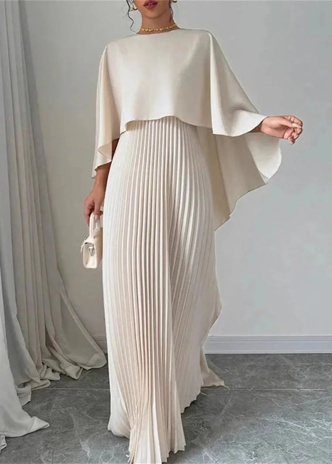 Maxi Wedding Dress with Batwing Sleeves and Satin Pleats