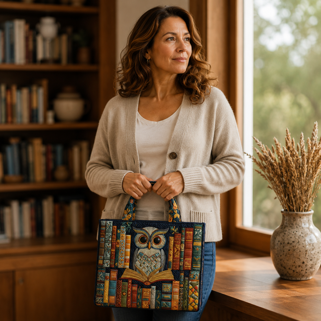 Handmade Bag with Owl and Vintage Library Design