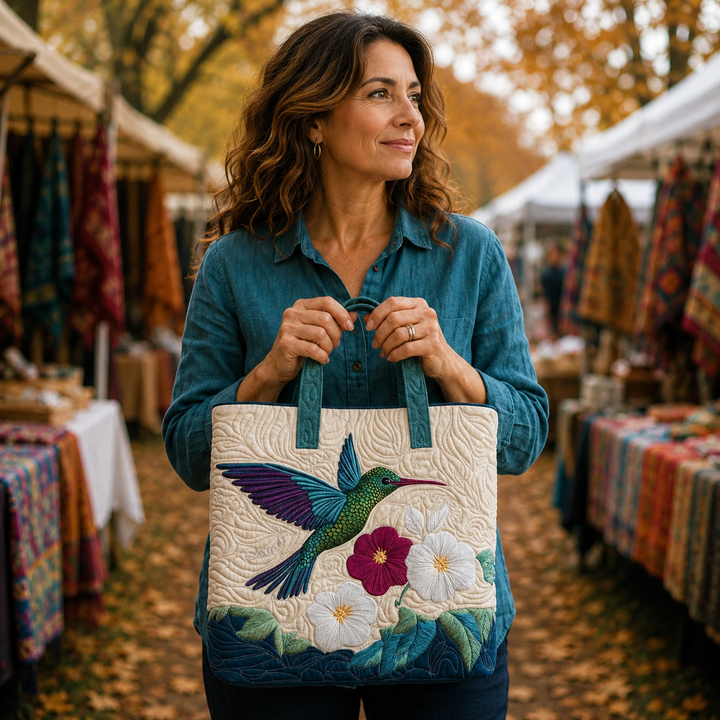 Handmade Bag with Hummingbird and White Flower
