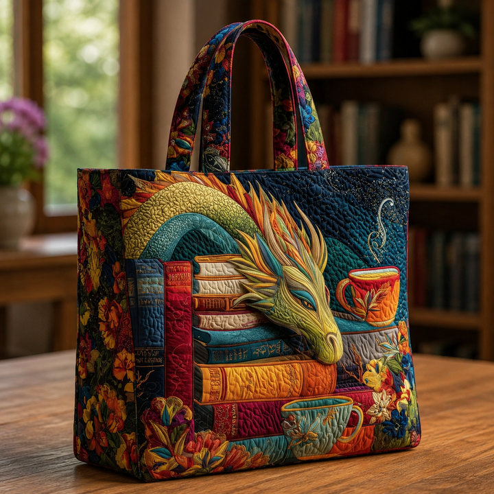 Handmade Bag | Dragon with Books and Mugs