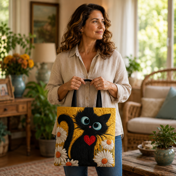 Handmade Bag | Black Cat with Daisy Flowers