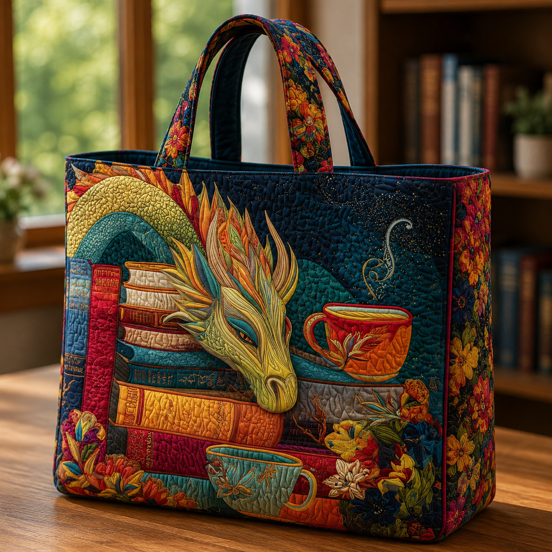 Handmade Bag | Dragon with Books and Mugs