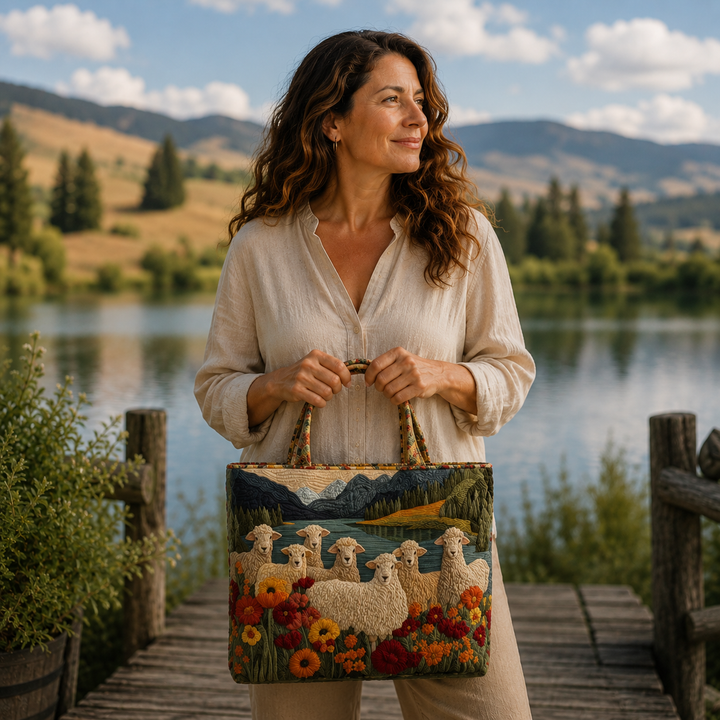 Handmade Bag with Sheep Design by the Lake