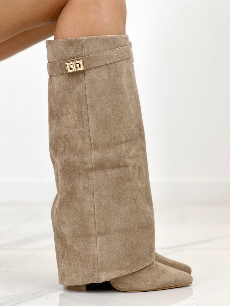 Metallic Fastened High Boots with Low Heel