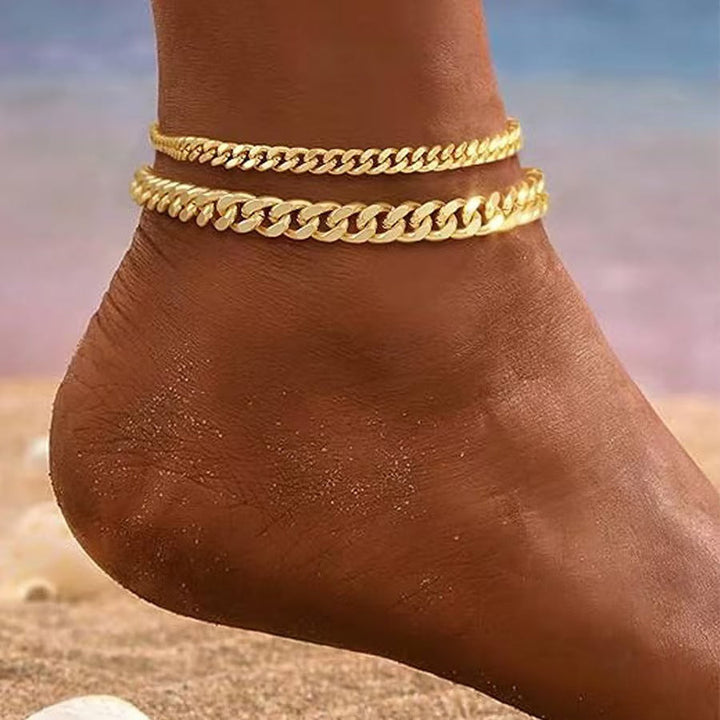 Gold Ankle Bracelet with High Cuban Linens