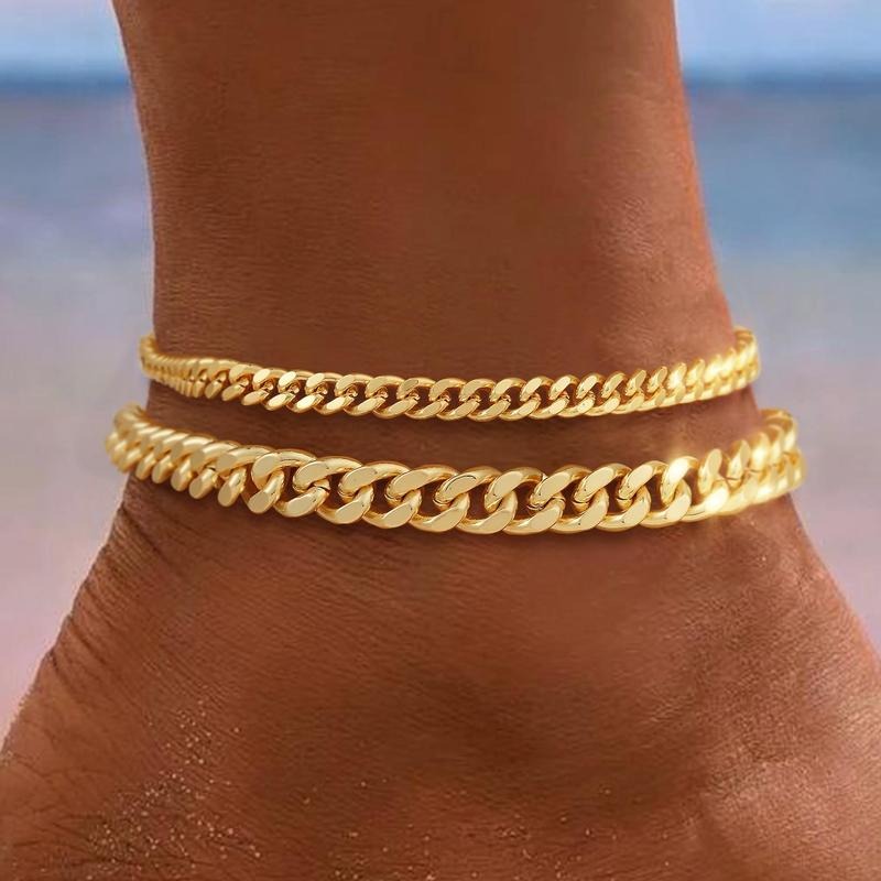 Gold Ankle Bracelet with High Cuban Linens