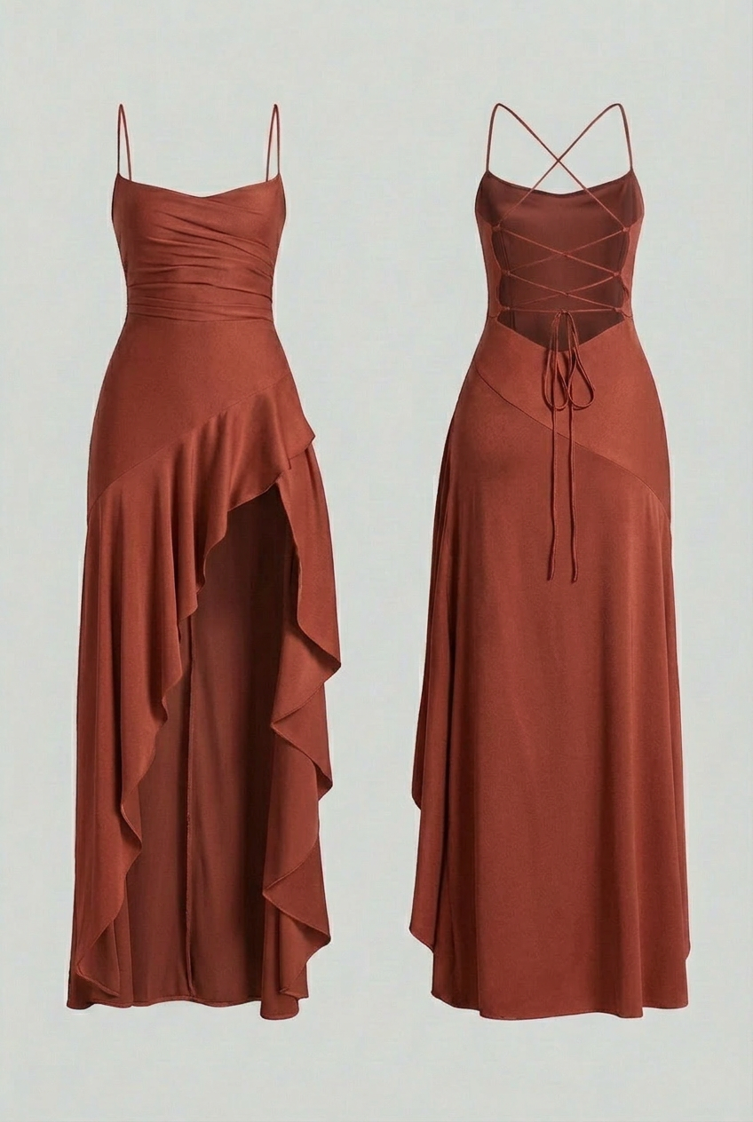 Diana | Terracotta Red Maxi Dress Featuring Back Lacing
