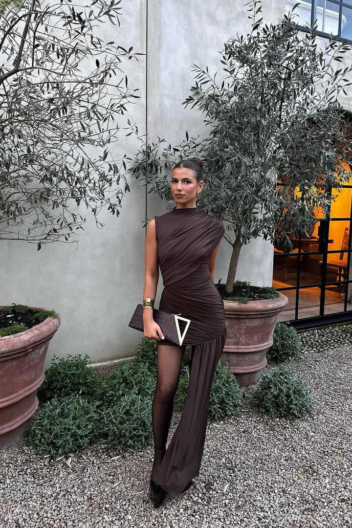 Brown Asymmetrical Mini Dress