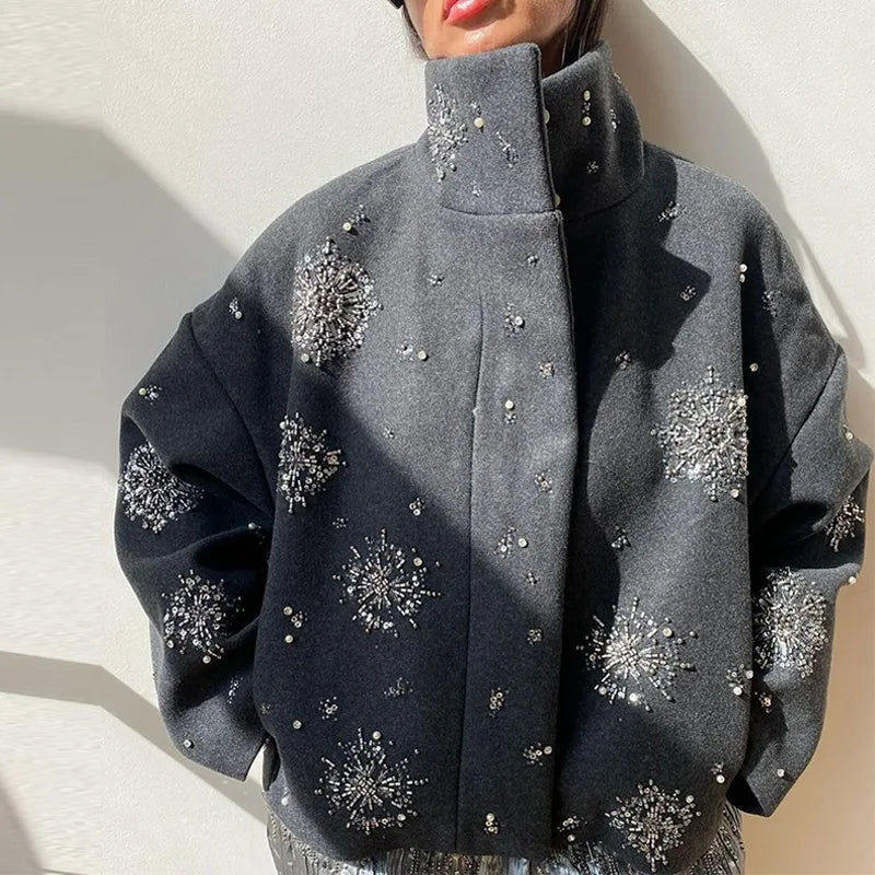 Embroidered Women's Pea Coat with Button Details