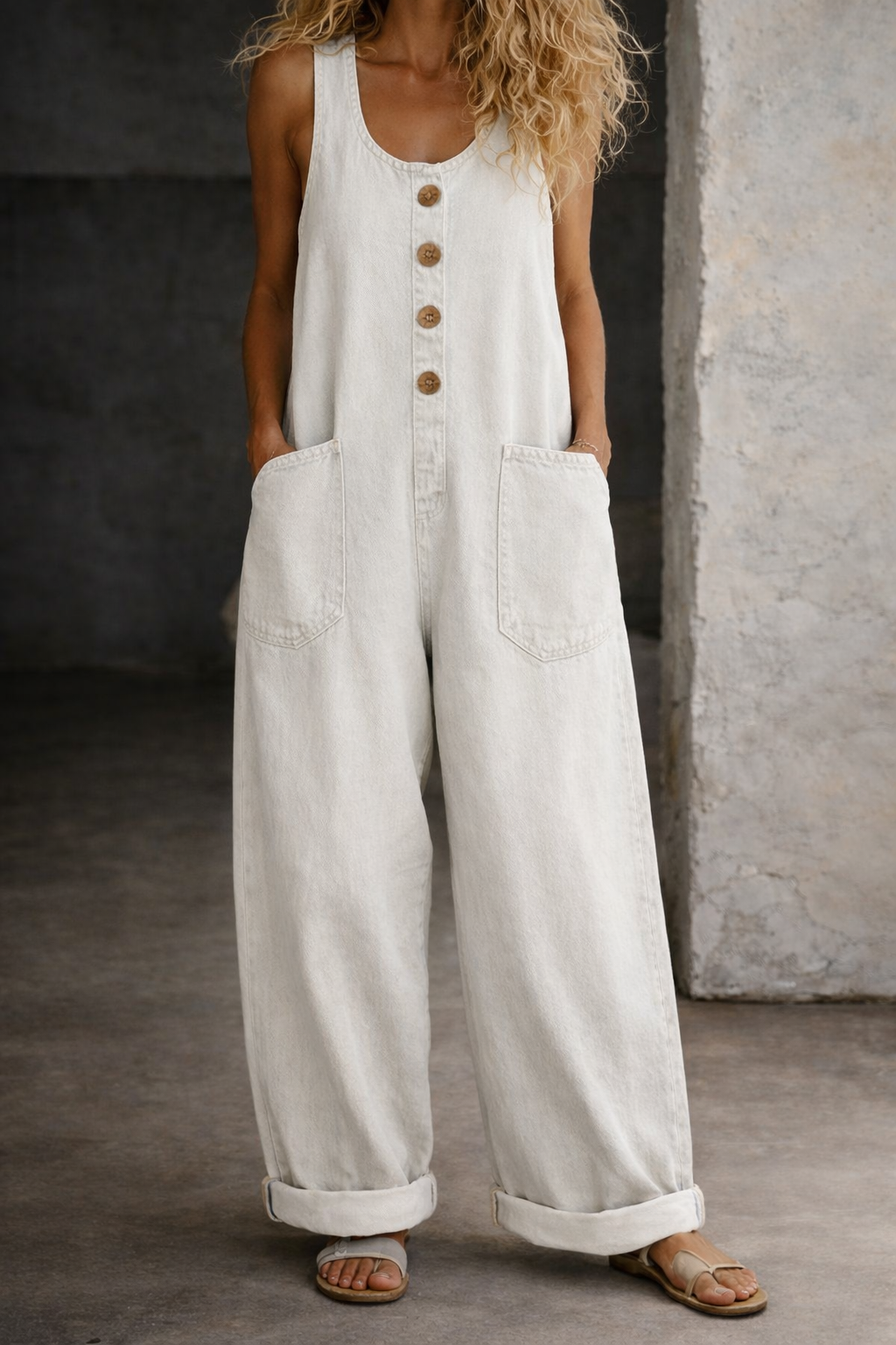 Vânia - Retro Distressed Denim Cotton Jumpsuit