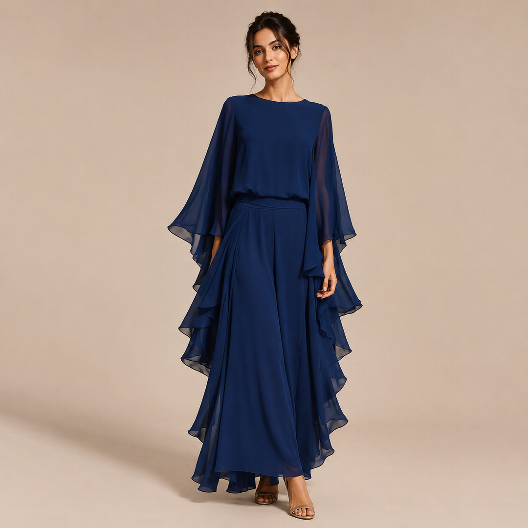 Lourdes – 2-Piece Set in Satin Navy Blue with Romantic Sleeves