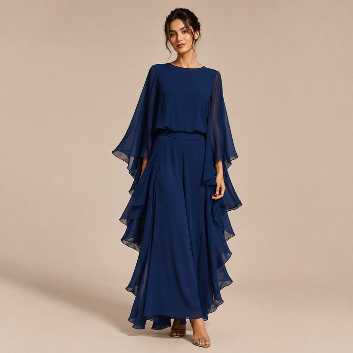 Lourdes – 2-Piece Set in Satin Navy Blue with Romantic Sleeves