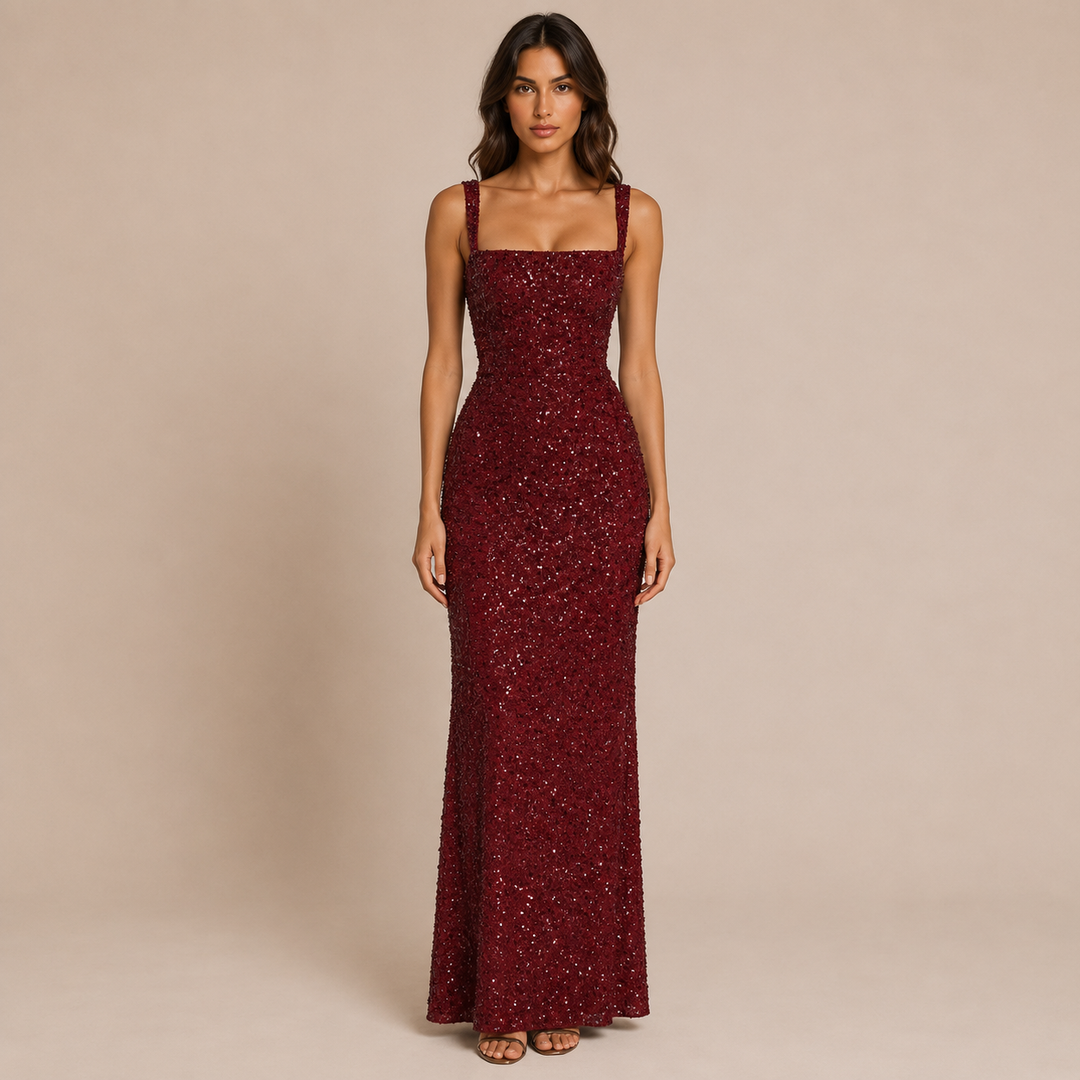 Nadia - Long Dress with Straps, Square Neckline and Shimmering Sequins