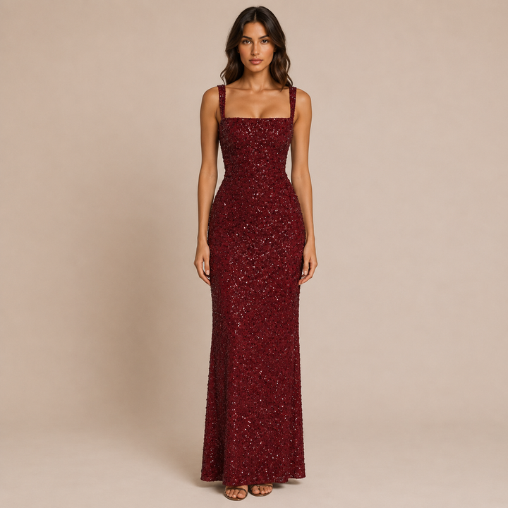 Nadia - Long Dress with Straps, Square Neckline and Shimmering Sequins