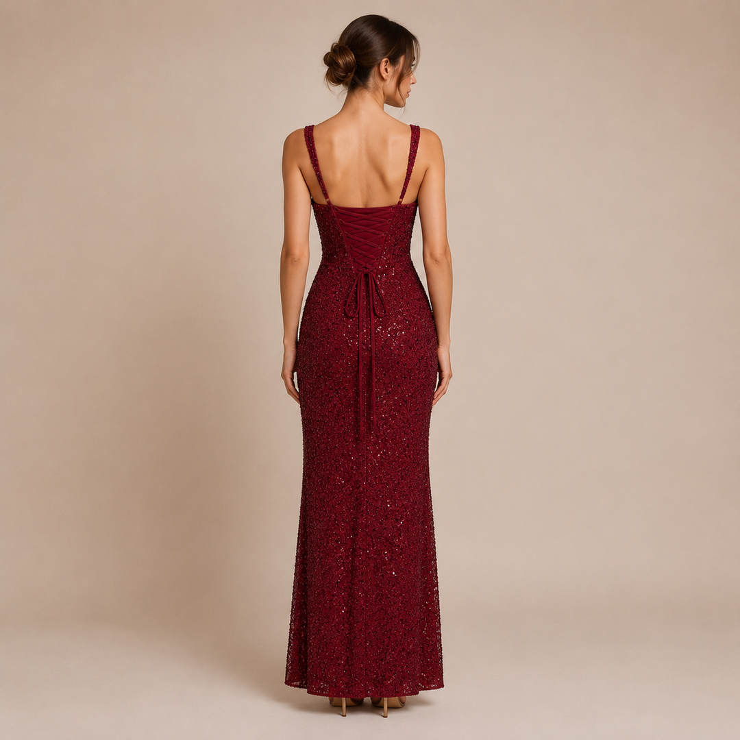 Nadia - Long Dress with Straps, Square Neckline and Shimmering Sequins