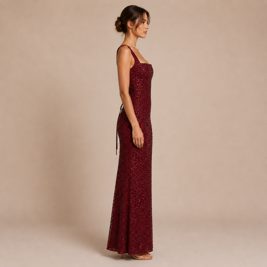 Nadia - Long Dress with Straps, Square Neckline and Shimmering Sequins