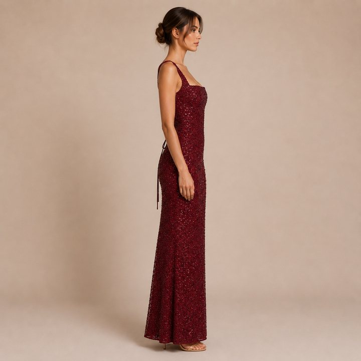 Nadia - Long Dress with Straps, Square Neckline and Shimmering Sequins