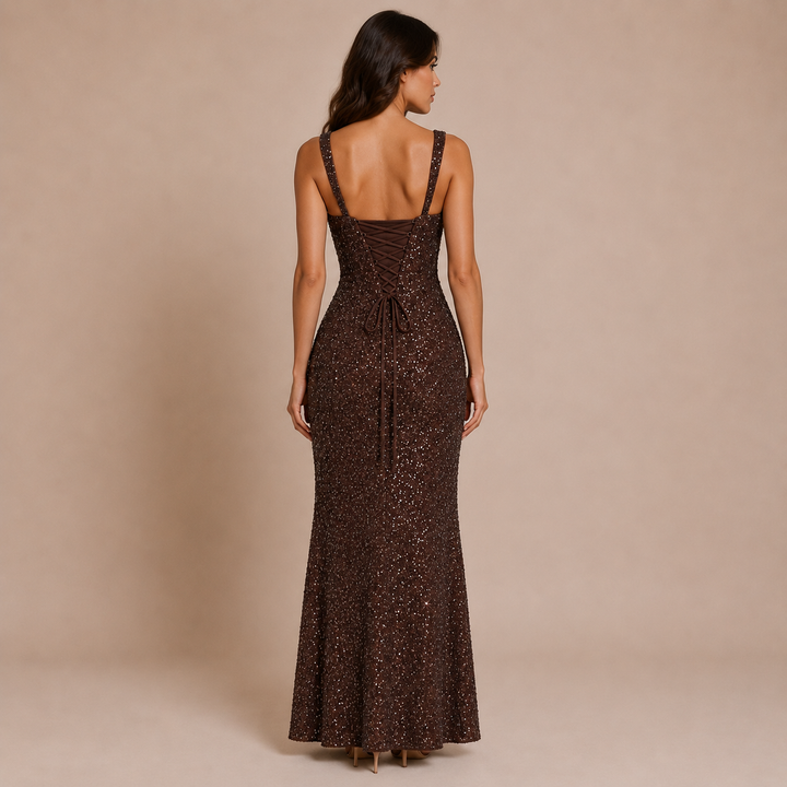 Nadia - Long dress with straps, square neckline and shimmering embroidered detail