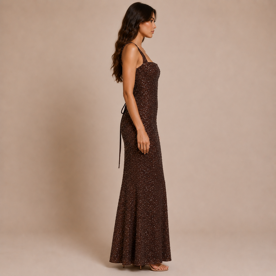 Nadia - Long dress with straps, square neckline and shimmering embroidered detail