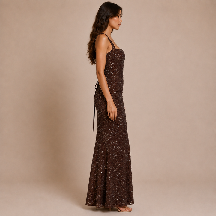 Nadia - Long dress with straps, square neckline and shimmering embroidered detail