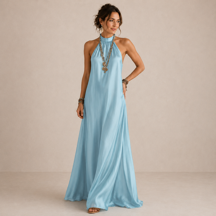 Liana | Blue Halter Neck Long Flowing Dress