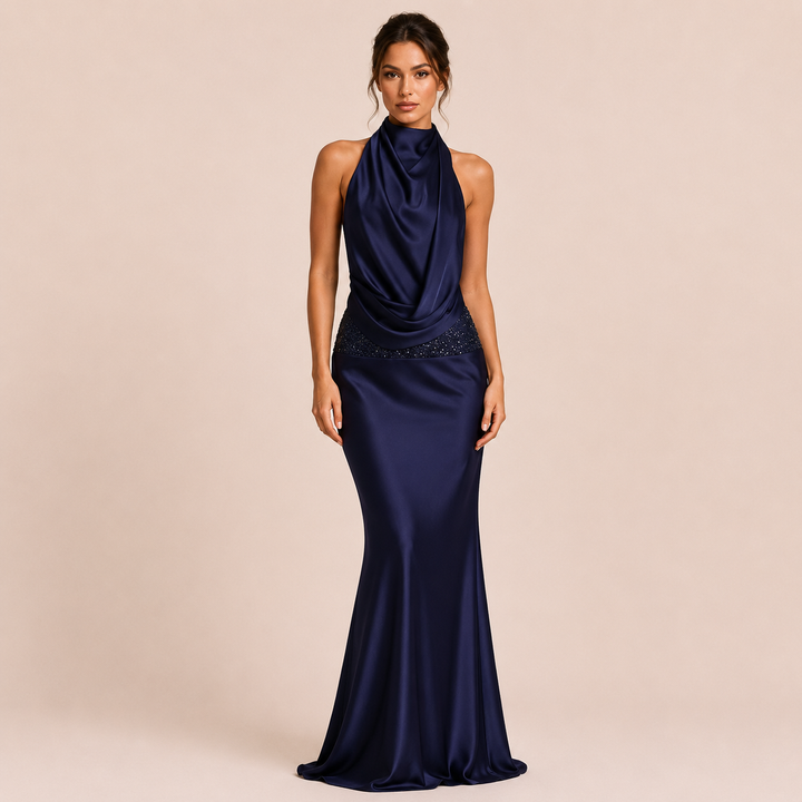 Alba - Satin Dress with High Neck and Open Back with Draped Design