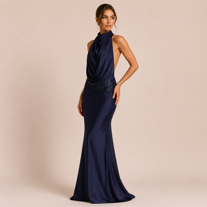 Alba - Satin Dress with High Neck and Open Back with Draped Design