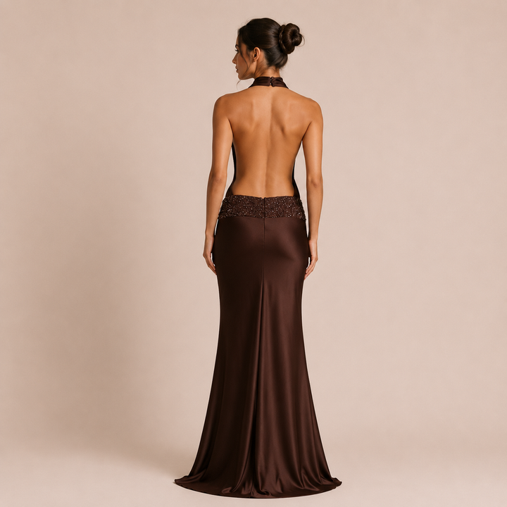 Alba - Satin Dress with High Neck and Open Back with Draping