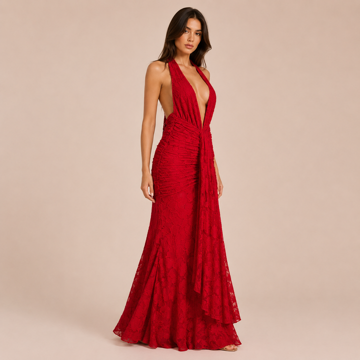 Carmen - Lace Halter Dress with Deep V-Neck