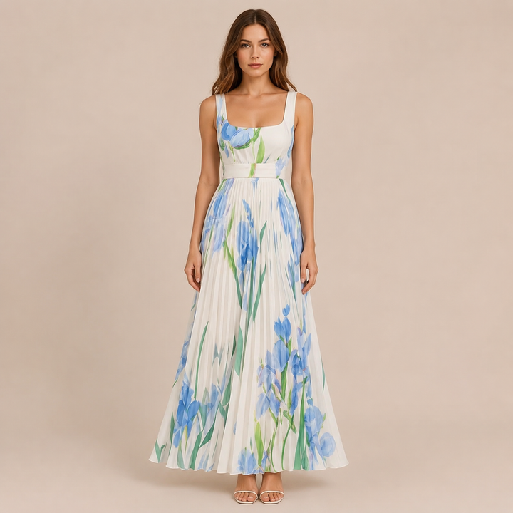 Irene - Midi dress with wide straps and pleated skirt