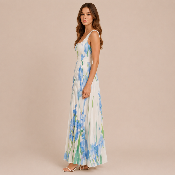 Irene - Midi dress with wide straps and pleated skirt