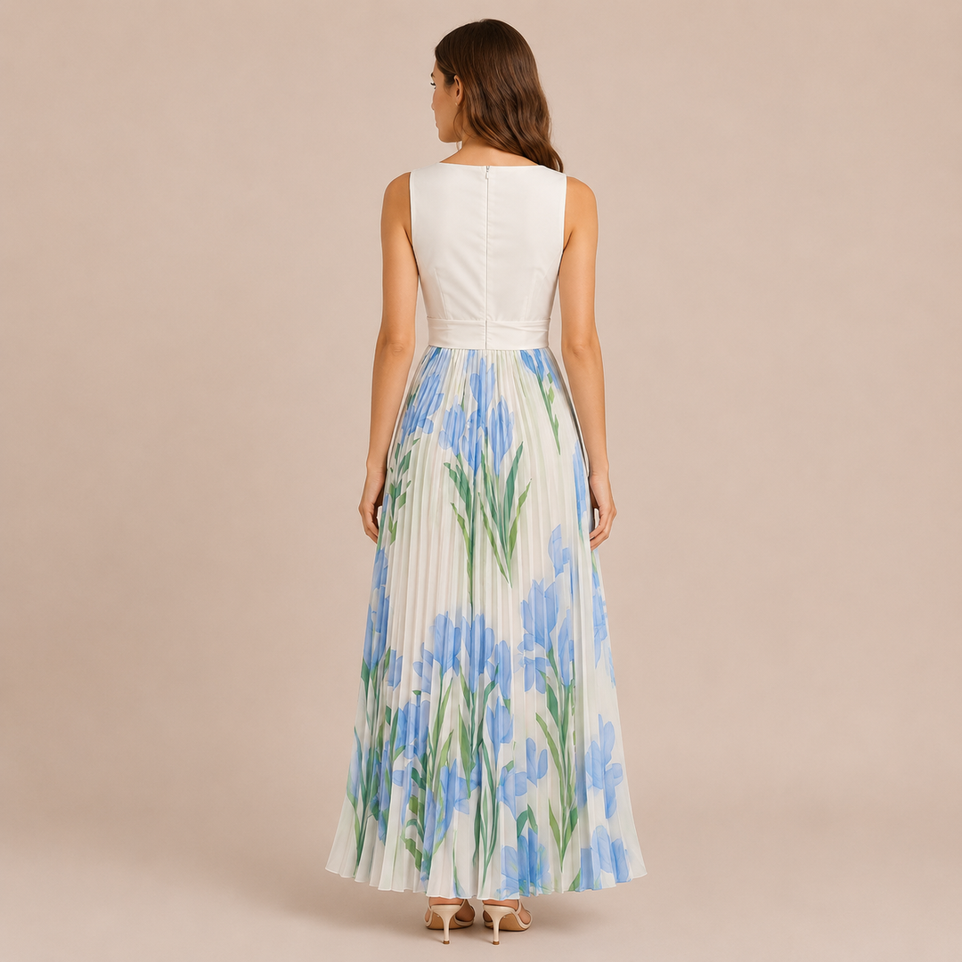 Irene - Midi dress with wide straps and pleated skirt