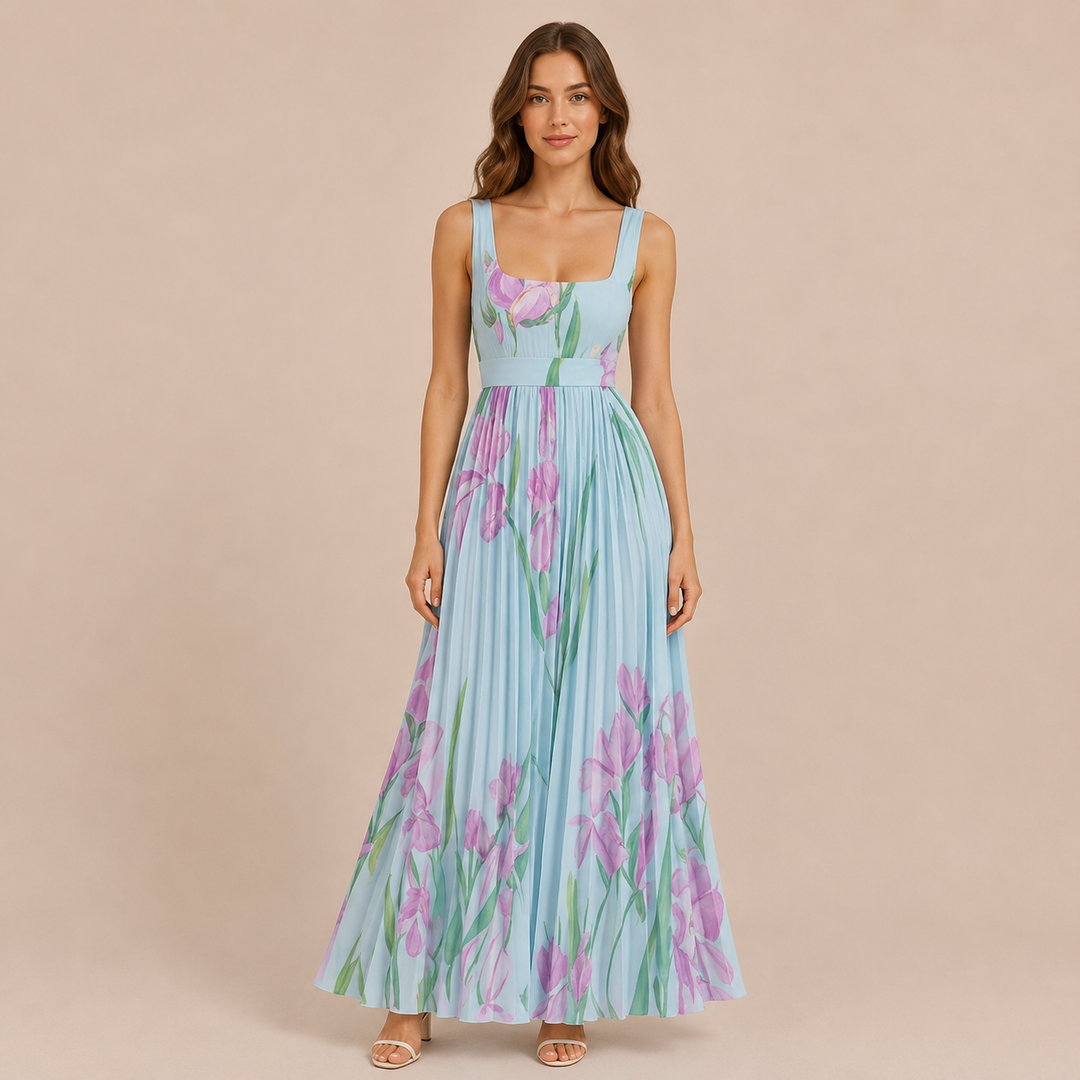 Iren - Midi dress with wide straps and pleated skirt