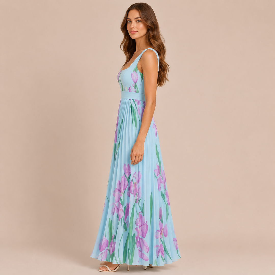 Irene - Midi dress with wide straps and pleated skirt