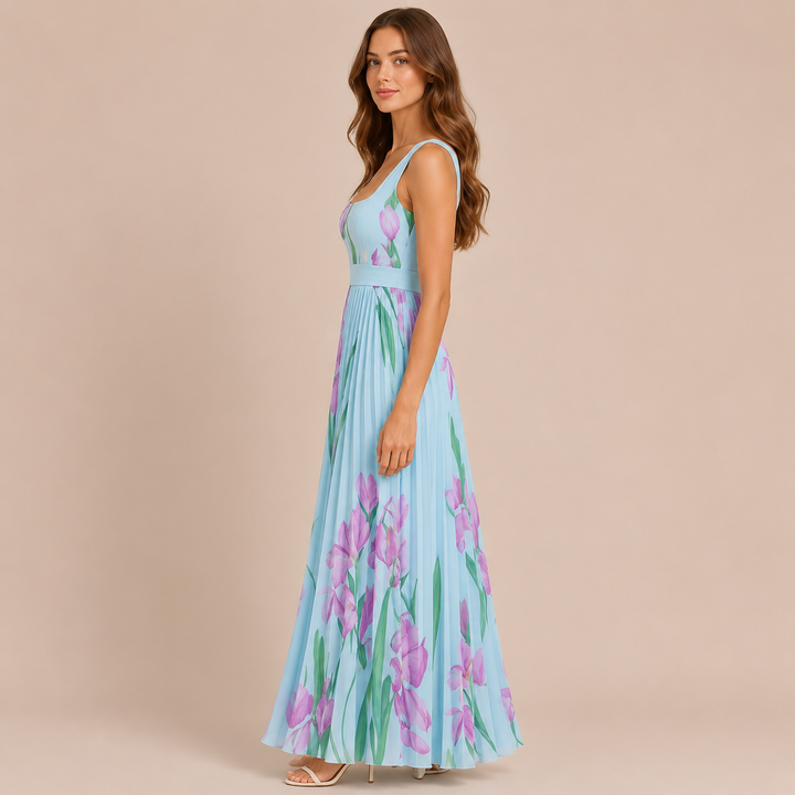 Iren - Midi dress with wide straps and pleated skirt