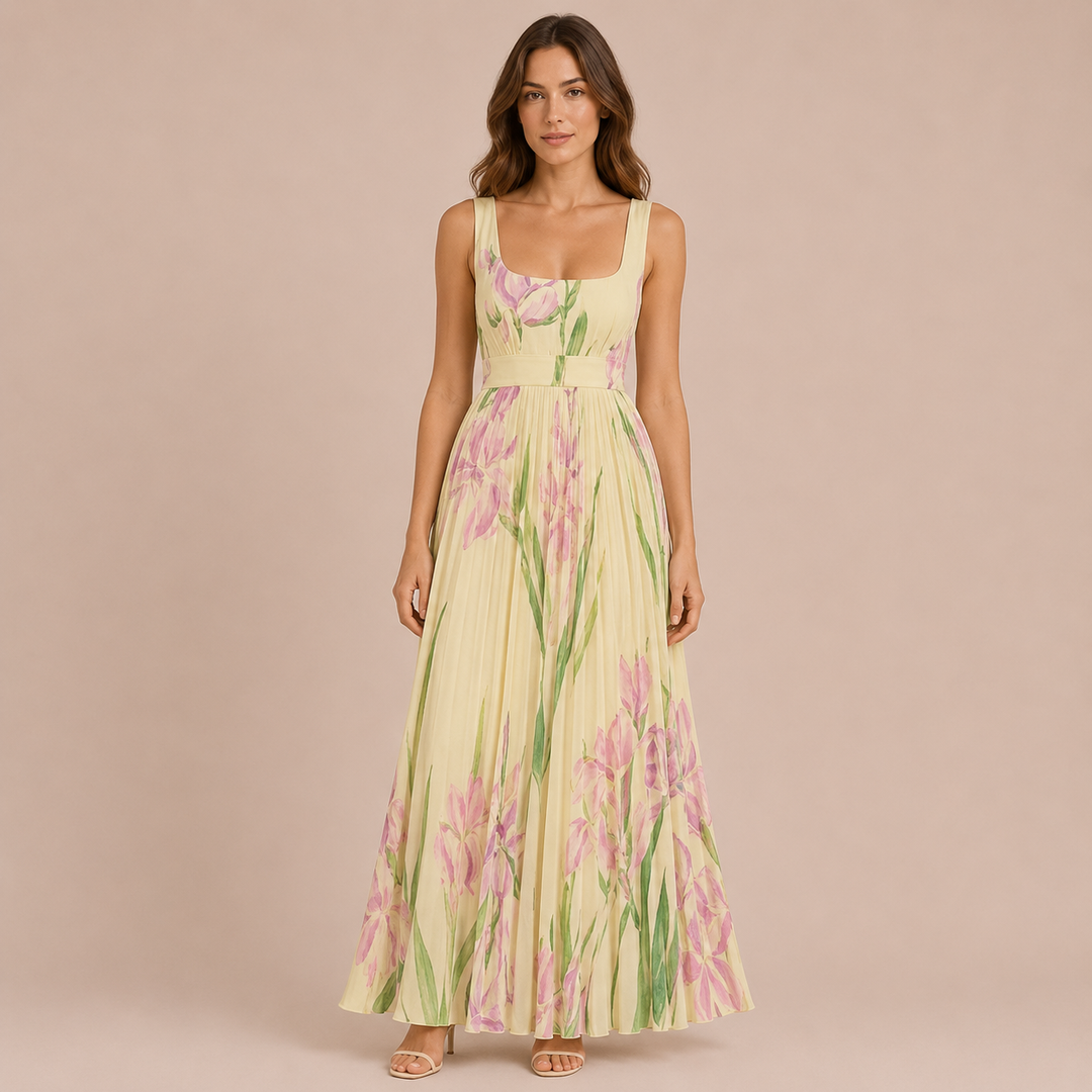 Irene - Midi dress with comfortable straps and pleated skirt