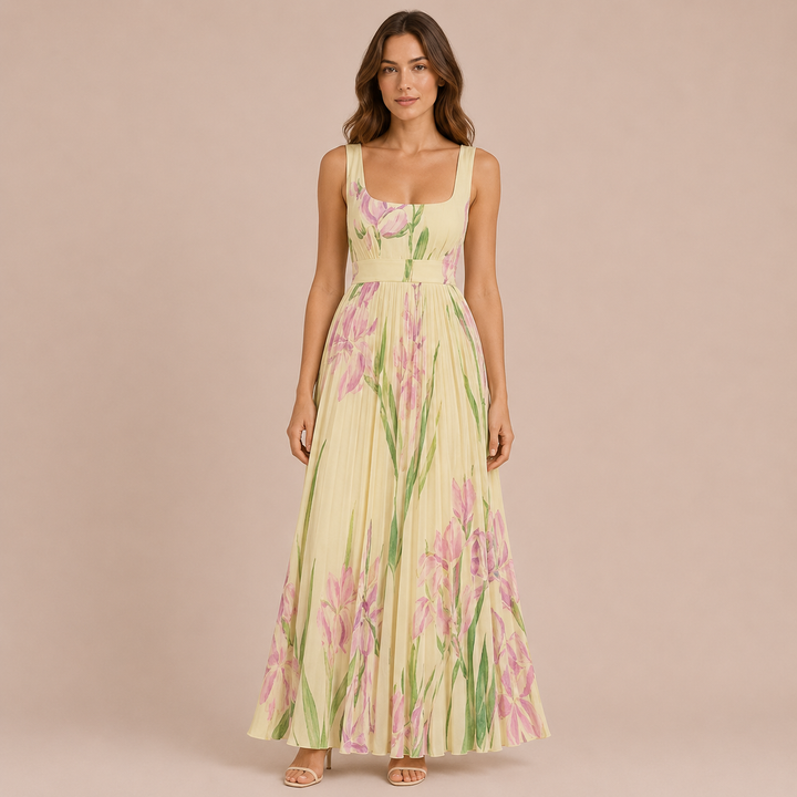 Irene - Midi dress with comfortable straps and pleated skirt